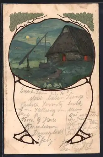 Künstler-Lithographie Meissner & Buch (M&B) Nr. 1176: Auf dem Lande, Bauernhaus und Brunnen