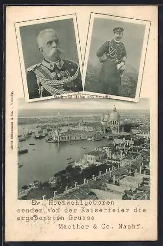 AK Venedig, Vittorio Emanuele III. von Italien, Kaiser Wilhelm II., Stadt und Hafen von Venedig