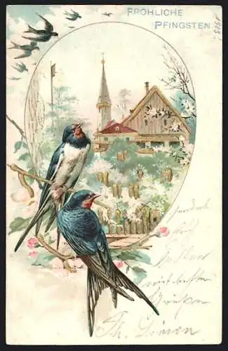 Lithographie Zwei Schwalben vor einer Kirche, Pfingstgruss
