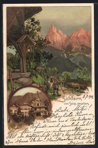 Lithographie Seis am Schlern, Kurhotel Bad Ratzes, Wegkreuz mit Wanderern