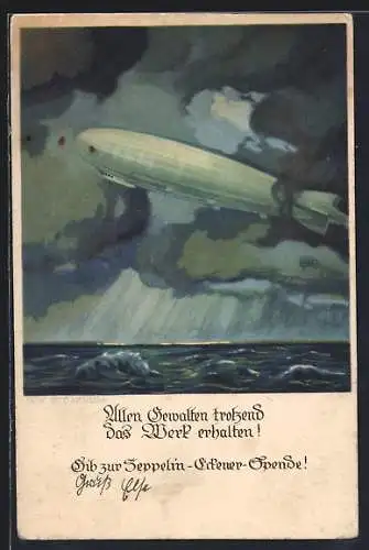 Künstler-AK Otto Amtsberg: Zeppelin am Himmel über stürmischer See