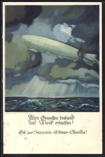 Künstler-AK Otto Amtsberg: Zeppelin am Himmel über stürmischer See