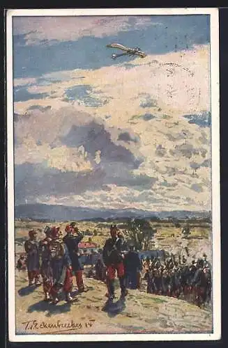 Künstler-AK sign.T. von Eckenbrecher: Beschiessung einer deutschen Taube, Flugzeug