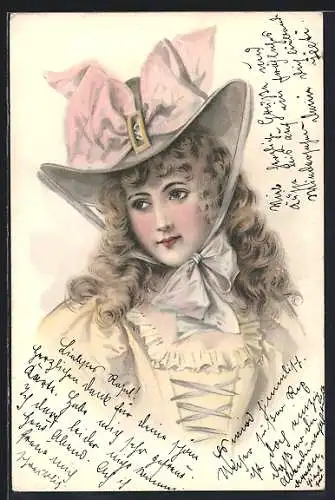AK junge Dame mit rosafarbener Schleifer am Hut