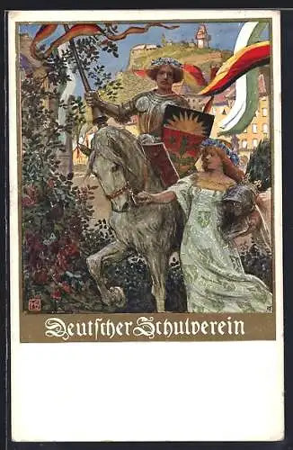 Künstler-AK Karl Friedrich Gsur, Deutscher Schulverein NR 106: Ritter mit schöner Frau, Lanze & Wappenschild