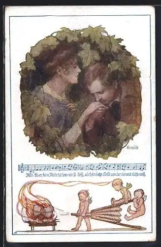 AK Deutscher Schulverein Nr. 906: Portrait eines Liebespaares, Lied in Noten- und Textzeile, Engel verbrennen Kerzen