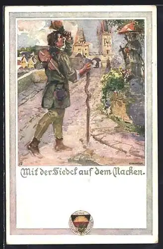 AK Deutscher Schulverein NR 441: Wanderer mit Violine hebt vor Bildstock seinen Hut, Mit der Fidel auf dem Nacken