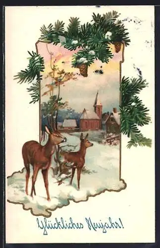 AK Rehe im Schnee vor einer Kirche, Rahmen mit Tannenzweigen, Neujahrsgruss