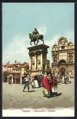 AK Venezia, Monumento a Colleoni, Passanten vor Reiterstandbild
