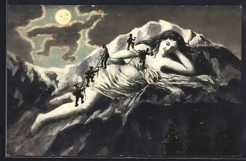 AK Berg Jungfrau mit Bergsteigern, Berg und Mond mit Gesicht, Berggesichter