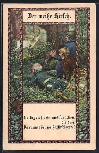 Künstler-AK Kuderna: Jäger beobachten weissen Hirsch