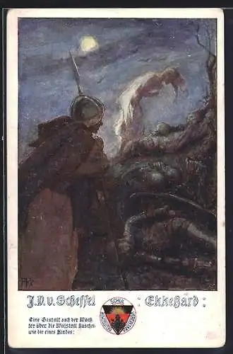 AK Deutscher Schulverein NR 497: J. v. Scheffel, Ekkehard, Wächter sieht eine Gestalt über die Walstatt huschen