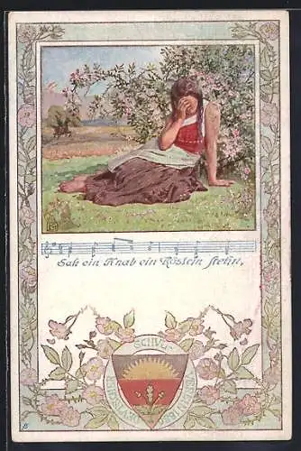 Künstler-AK Karl Friedrich Gsur, Deutscher Schulverein Nr.92: Mädchen sitzt weinend vor Rosenstrauch