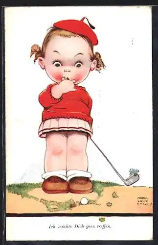 Künstler-AK Mabel Lucie Attwell: Ich möchte Dich gern treffen, Kleine Golfspielerin