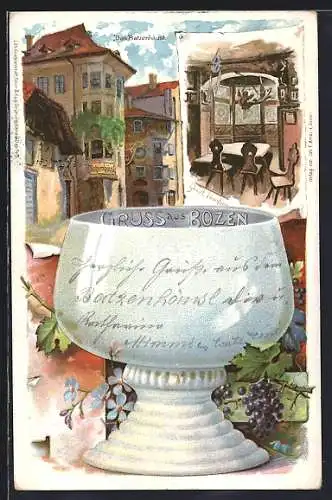 Lithographie Bozen, Gasthof zum Batzenhäusl, stilisierter Weinschoppen