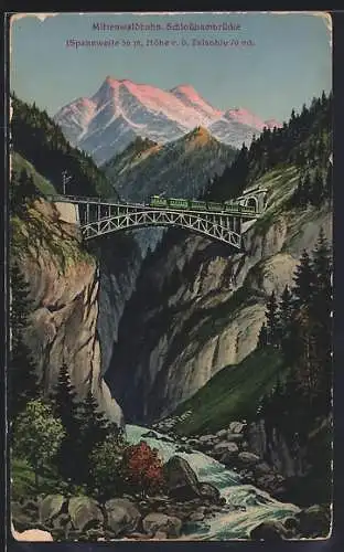 AK Mittenwaldbahn, Schlossbachbrücke mit Fluss, Bahn und Bergpanorama