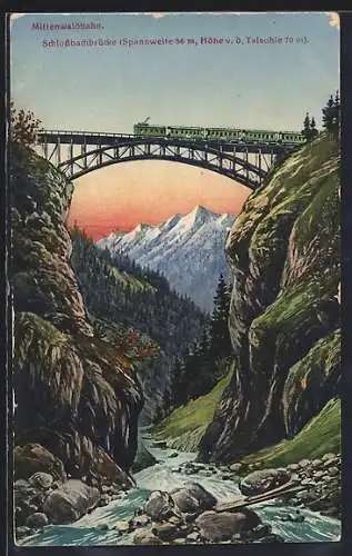 AK Mittenwaldbahn überquert die Schlossbachbrücke, österreichische Eisenbahn