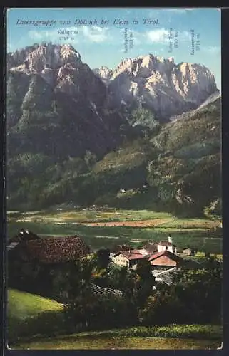 AK Dölsach bei Lienz, Ortspartie und Laserzgruppe mit Keilspitze, Roter Turm und Laserzwand