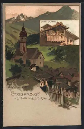 Lithographie Gossensass, Ortsansicht mit Kirche, Giebel