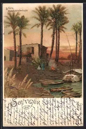 Lithographie Le Caire, Dhahabiyes au bord du Nil