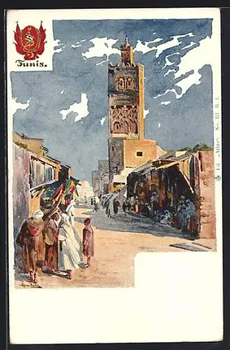 Künstler-AK Tunis, Strassenpartie im Ort