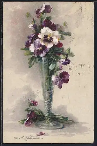 Künstler-AK Catharina Klein: Violette und weisse Stiefmütterchen in hoher, schmaler Glasvase