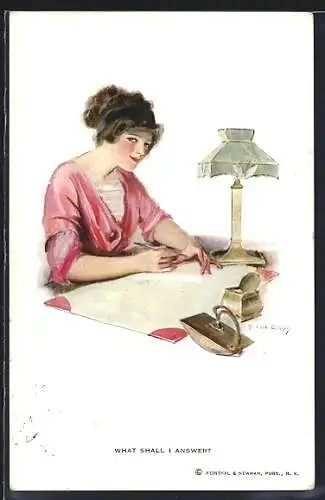 Künstler-AK F. Earl Christy: What Shall I Answer?, Frau schreibt einen Brief