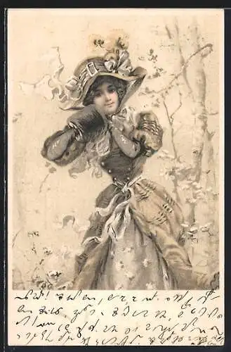 AK Schöne Frau mit Hut und Muff steht am Waldrand, Jugendstil
