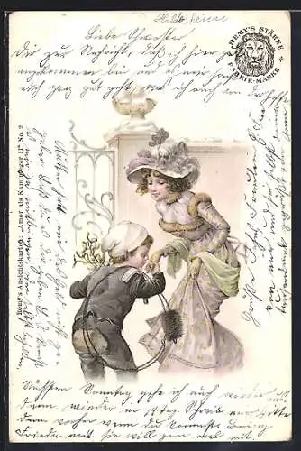 Lithographie Schornsteinfeger, Junge küsst eleganter junger Frau die Hand