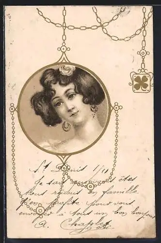 Lithographie Dame mit Ohrschmuck als Kettenanhänger, Jugendstil