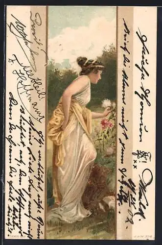 Lithographie Dame pflückt Blumen, Jugendstil