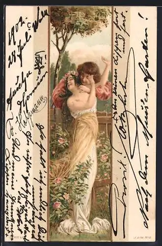 AK Mann liebkost Frau über einen Zaun hinweg