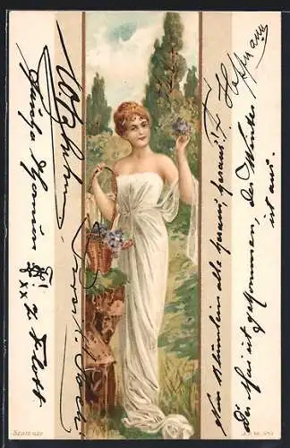 AK Dame im weissen Gewand pflückt Blumen in einem Garten, Jugendstil