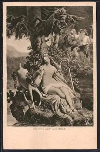 AK Die Nixe des Wildsees mit entblöster Brust und Harfe