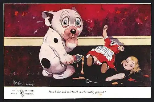 Künstler-AK George Ernest Studdy: Bonzo repariert eine Puppe