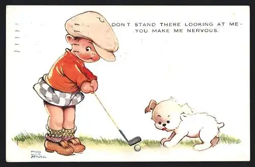 Künstler-AK Hund beobachtet einen kleinen Jungen beim Golfspielen
