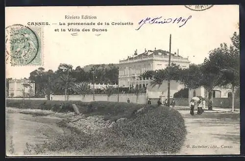 AK Cannes, La promenade de la Croisette et la Villa des Dunes