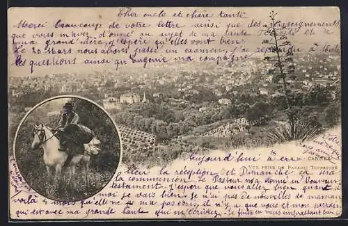 AK Cannes, Vue prise de la Californie, paysage urbain avec cavalier en médaillon