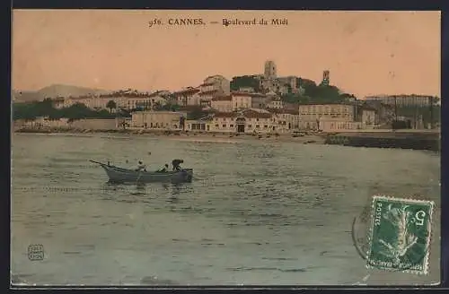 AK Cannes, Boulevard du Midi, vue sur la mer avec bateau