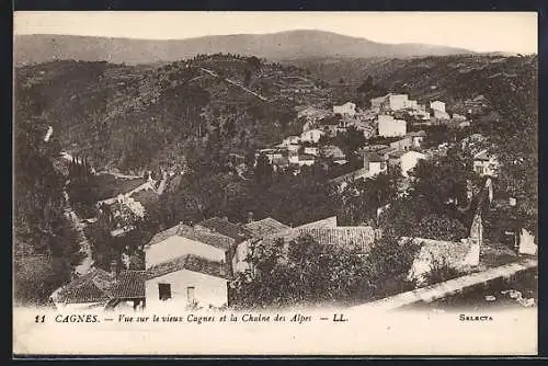 AK Cagnes, Vue sur le vieux Cagnes et la Chaîne des Alpes