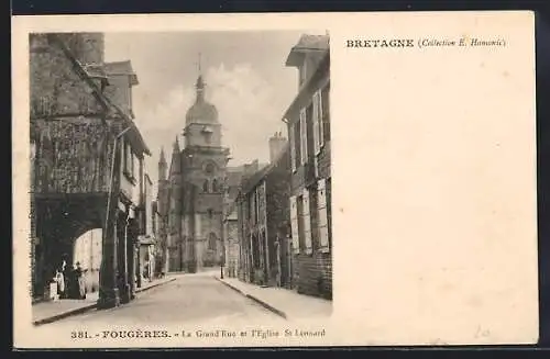 AK Fougères, La Grand Rue et l`Église St Léonard