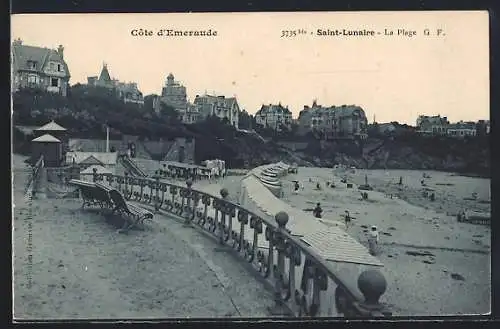 AK Saint-Lunaire, La Plage, Côte d`Émeraude mit Villen im Hintergrund und Promenade am Strand