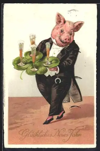 AK vermenschlichte Tiere, Schwein im Smoking serviert Getränke auf einem Kleeblatt, Neujahrsgrüsse