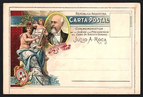 Lithographie Argentinien, Conmemorativa, de la Subida a la Presidencia del Exmo. Sr. Teniente Genreal Julio Roca