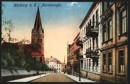 AK Hamburg-Harburg, Maretstrasse mit Blick auf die Kirche