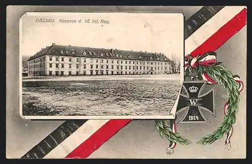 AK Passau, Gebäude der Kaserne d. 16. Inf. Regt., Eisernes Kreuz