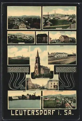 AK Leutersdorf i. Sa., Bahnhof, Kaiserl. Postamt, Kath. Kirche, Mühle