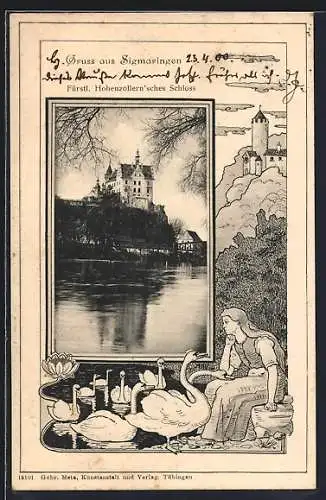AK Sigmaringen, Fürstl. Hohenzollern`sches Schloss mit Teich