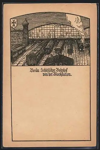 Künstler-AK Berlin-Friedrichshain, Schlesischer Bahnhof von der Blockstation