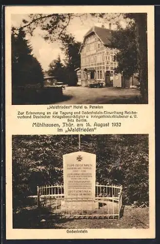 AK Mühlhausen / Thür., Hotel u. Pension Waldfrieden, Kriegsdenkmal
